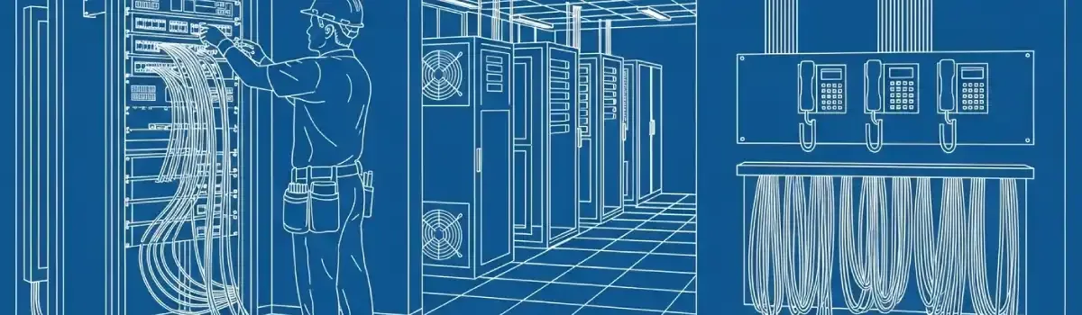 Telecommunications engineer installing fiber optic network equipment, data center infrastructure, VoIP phone systems, and cable management