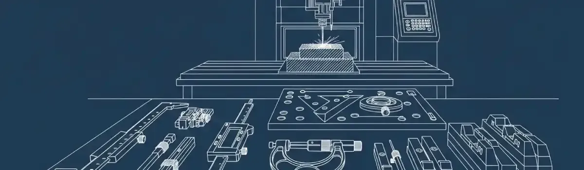 CNC wire EDM machine cutting precision die components with close-up of tooling and measurement instruments on work surface