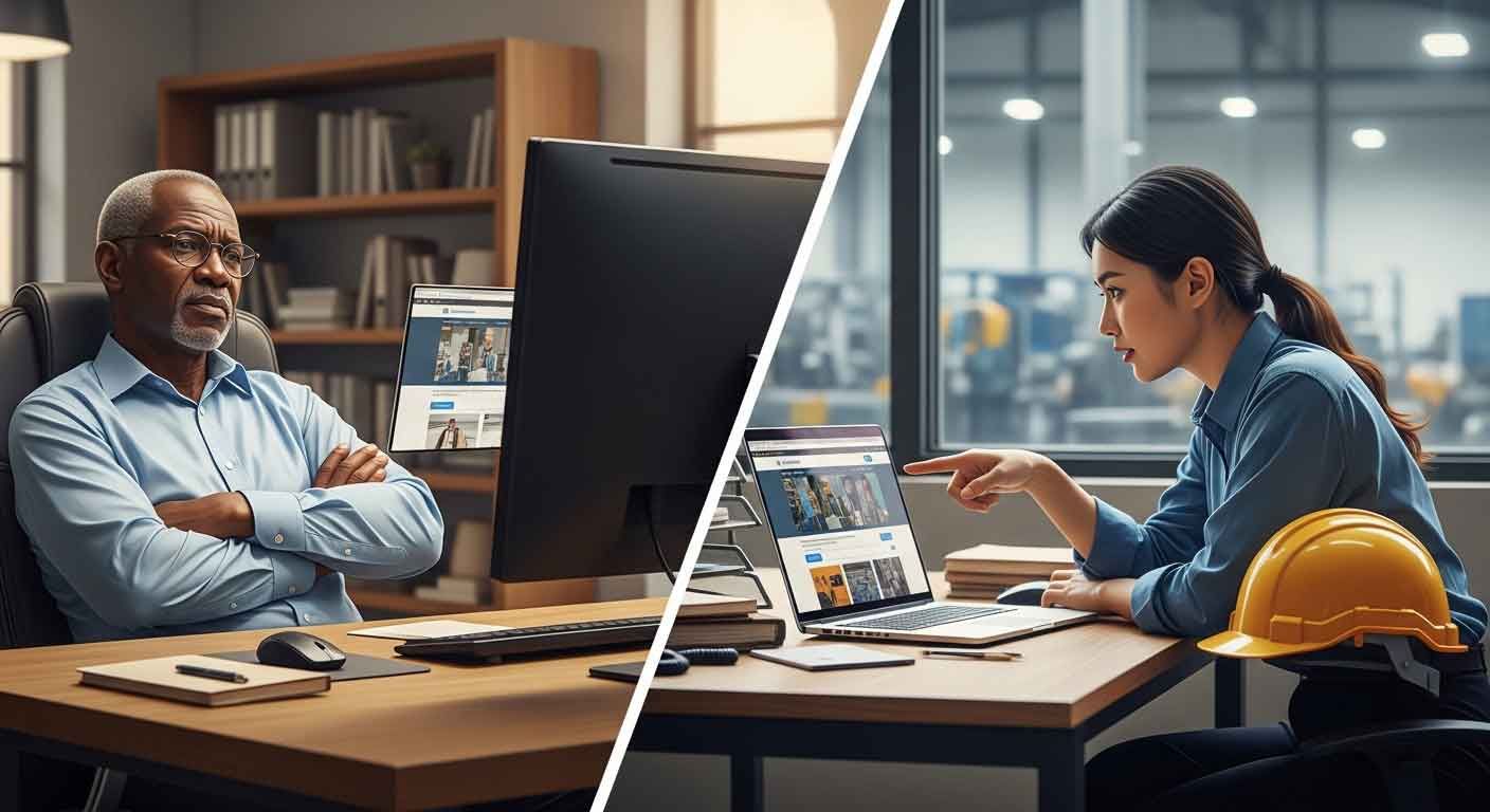 An engineering director in a corporate office and a quality manager in a plant office, both critically evaluating a supplier website before deciding whether to make contact.