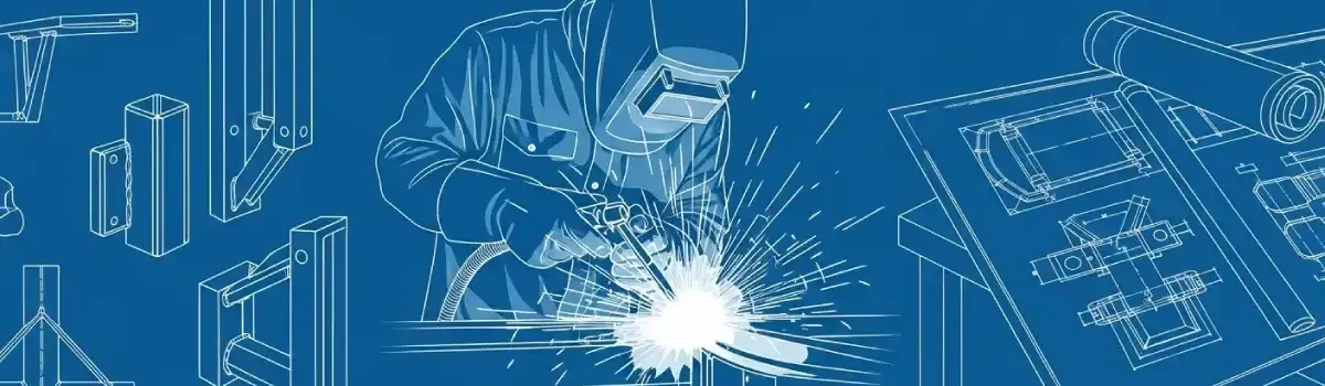 Skilled welder performing MIG welding on steel fabrication with sparks, protective equipment, welded assemblies, and blueprint drawings visible