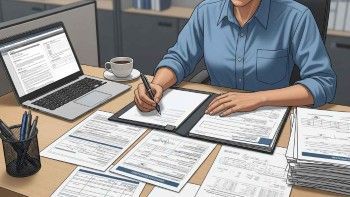 Procurement specialist reviewing welding vendor documentation at desk with safety certifications