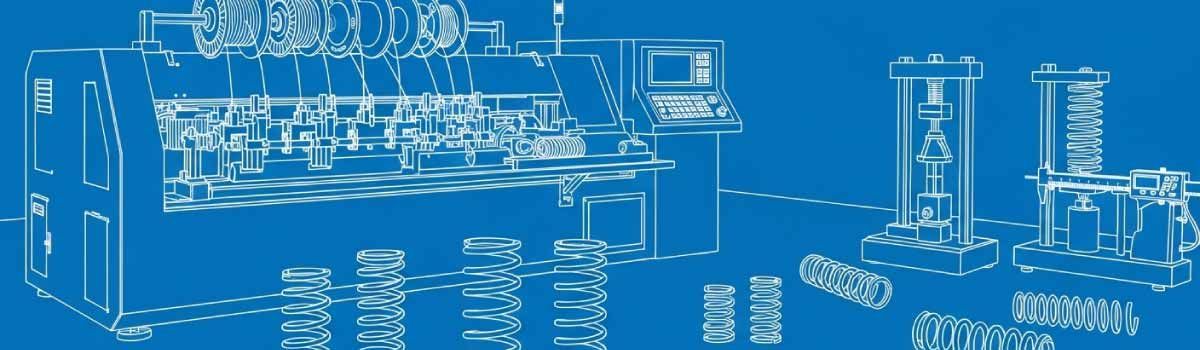 CNC spring coiling machine forming precision springs with various wire diameters, finished springs, and testing equipment visible