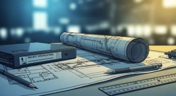 Engineering professional reviewing structural drawings and project documentation at a work table