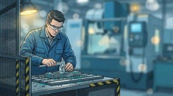 Quality inspector gauging a machined steel part with calipers beside the CNC that produced it