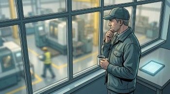 A machine shop owner looking thoughtfully through a large window at his production floor below