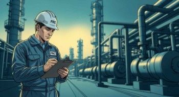 Safety officer in hard hat and FRC inspecting process piping at a petrochemical facility