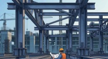 Structural engineer reviewing steel connection drawings at a large-scale construction project site