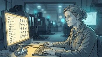 Middle-aged woman at a desk in a machine shop viewing a parts list catalog on her computer screen