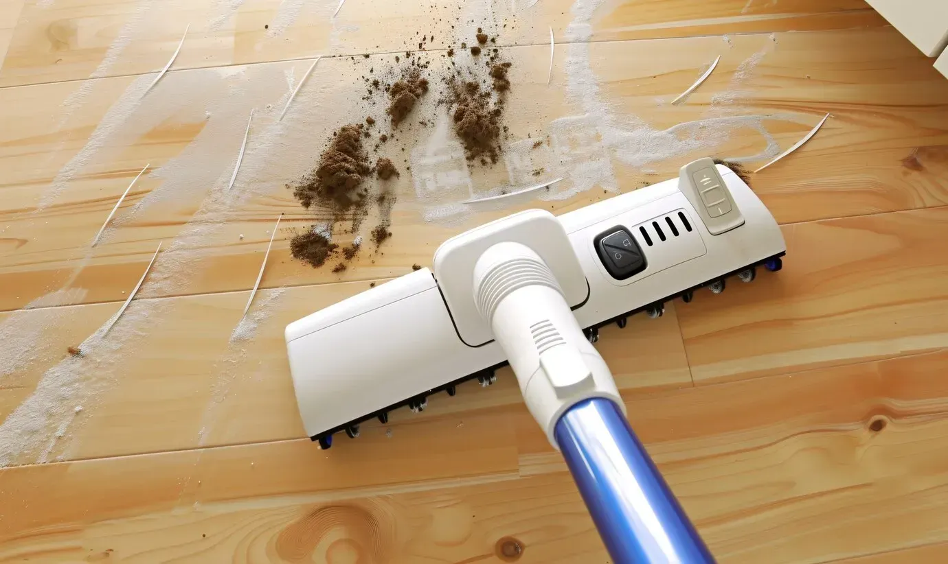 A vacuum cleaner is cleaning a wooden floor.