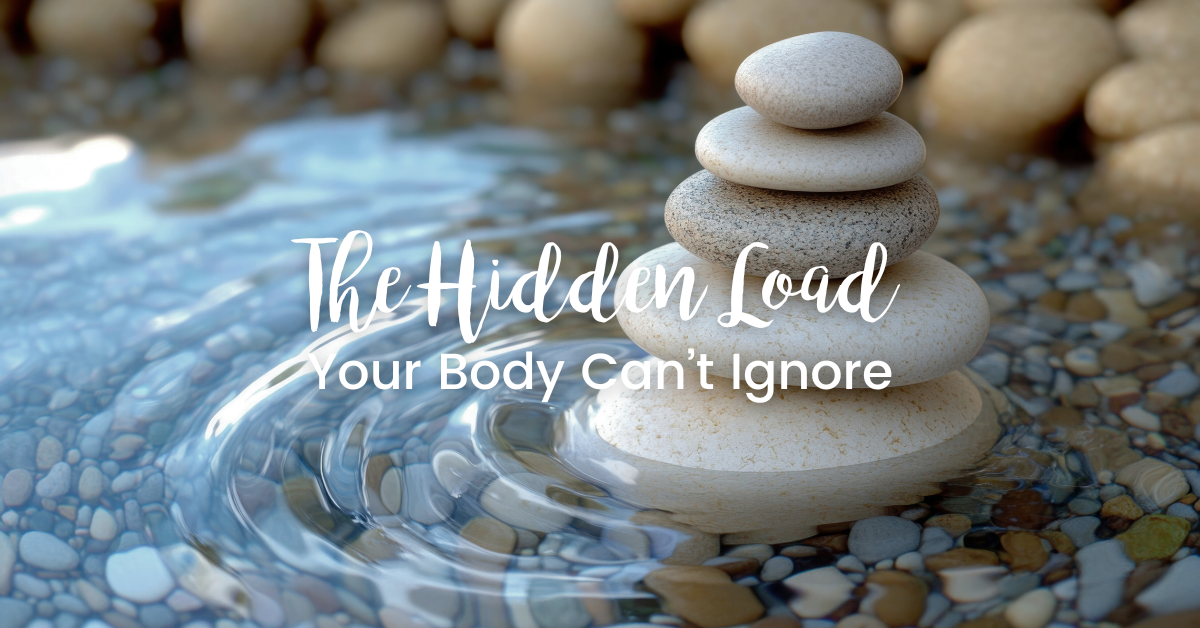 Stones beneath clear water symbolizing the hidden stress your body carries beneath the surface.