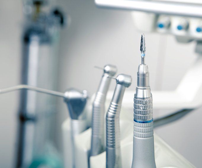 Metallic dentist tools close up on a dentist chair in Dentist Clinic