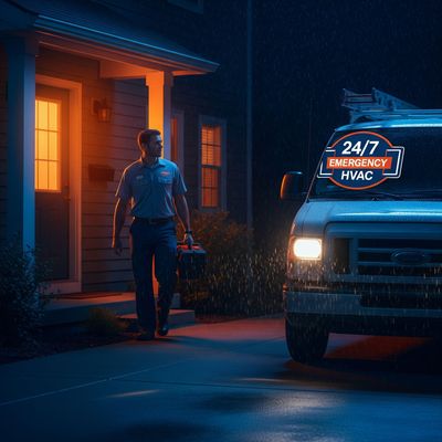 HVAC tech walks toward a house at night, service van with 24/7 emergency sign in driveway lit by headlights and porch light.