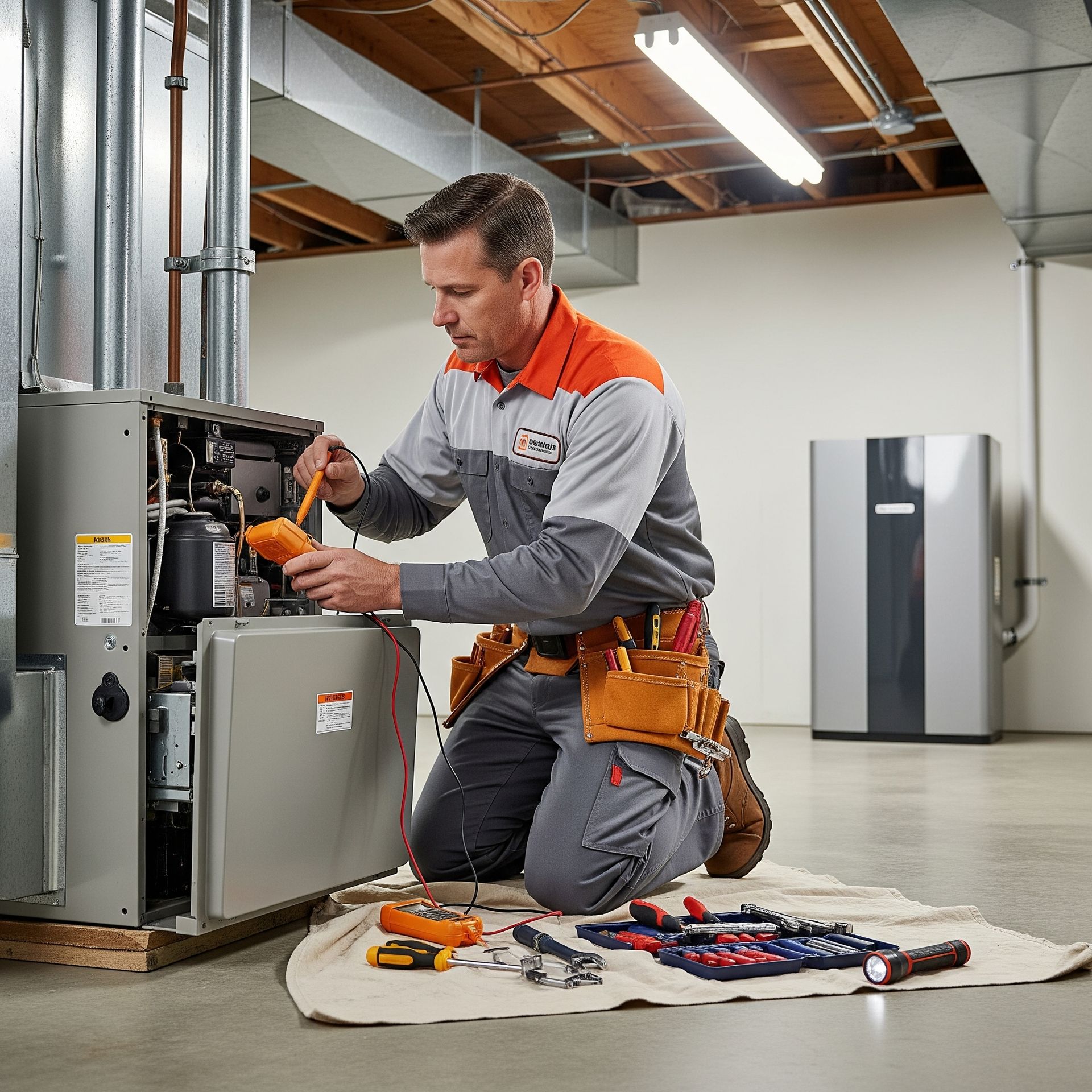HVAC technician kneeling, using a multimeter on a furnace in a basement. He is wearing work clothes and has a tool belt.