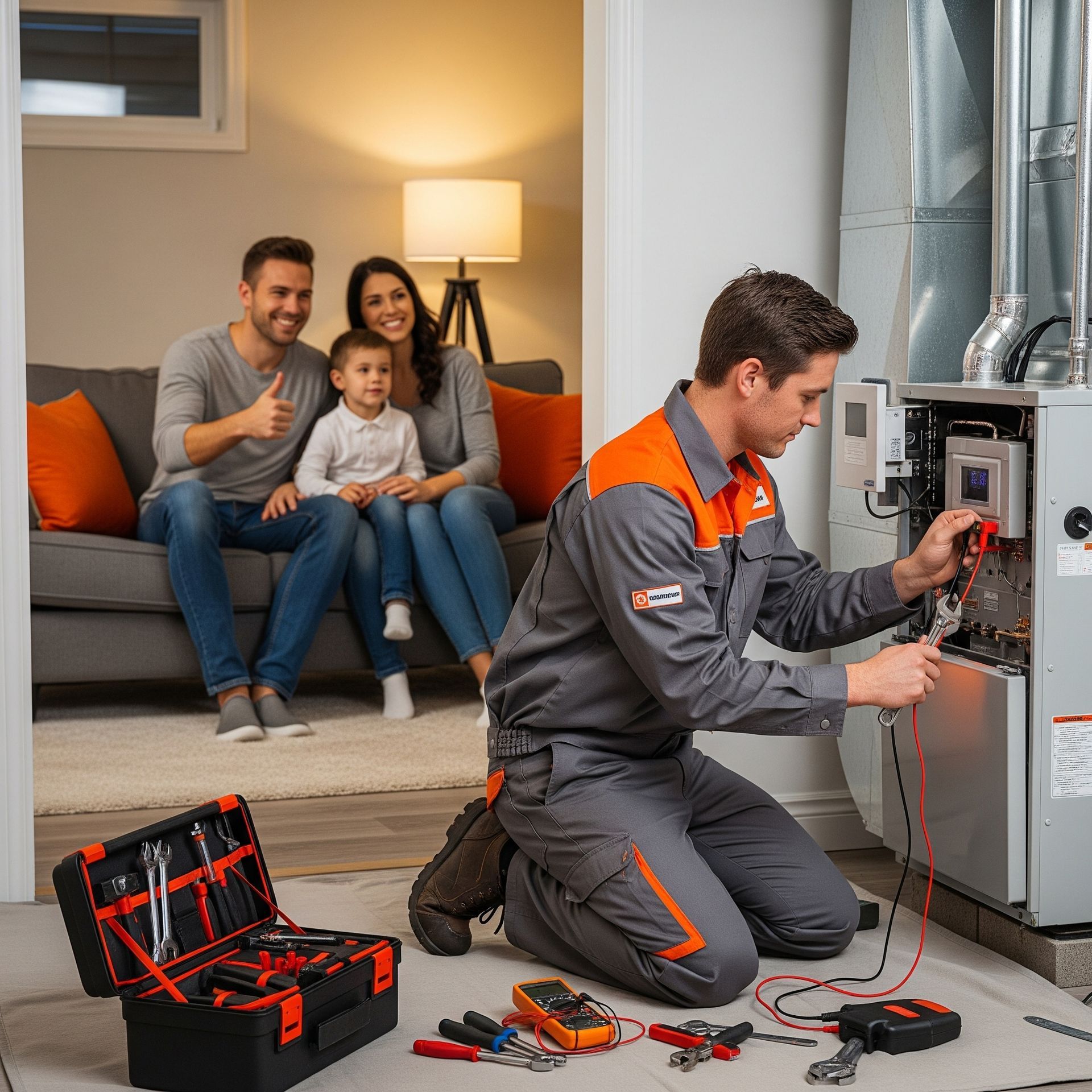 HVAC technician kneels to work on a furnace while a family smiles and relaxes on a sofa in their home.