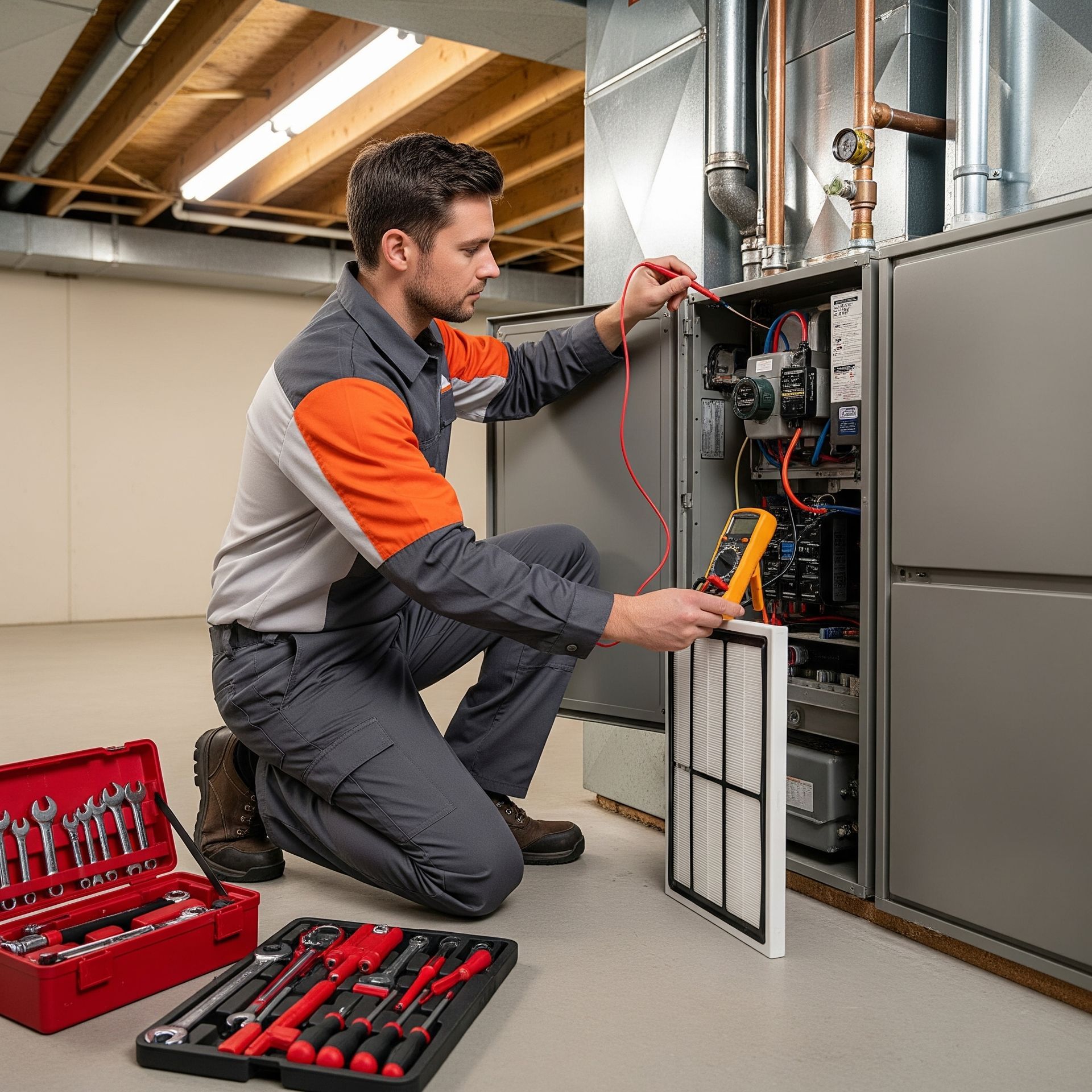 A repair technician in a gray and orange uniform checks a furnace with a multimeter. A toolbox and air filter are nearby.