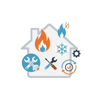 House outline with fire, snowflake, and tools, representing home repair and maintenance services.