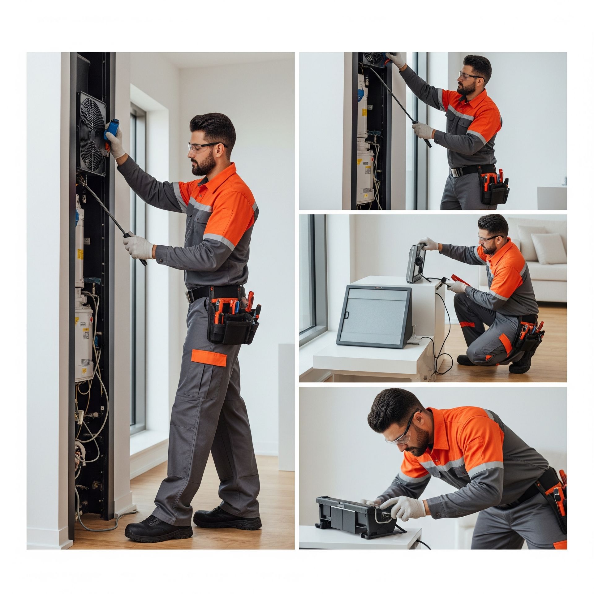 A technician in orange and gray work clothes inspects electrical panels and equipment in a modern home.