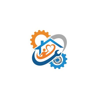 Logo: Blue house with orange heart and figures, surrounded by gears and a wrench, representing home repair services.
