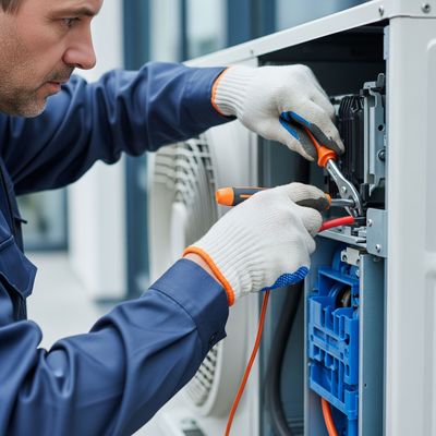 A technician in blue coveralls and gloves repairs machinery, using tools and electrical wires.