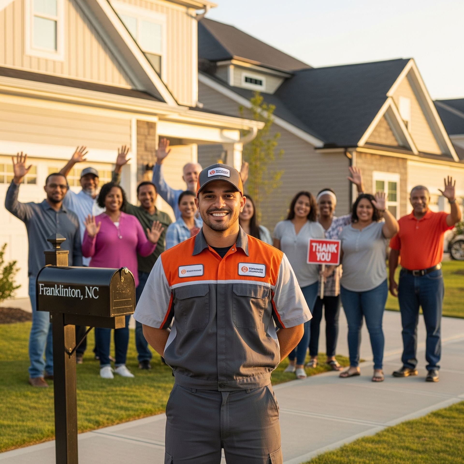 An HVAC technician smiles in front of a group of people in front of a home. They are all waving at the camera.