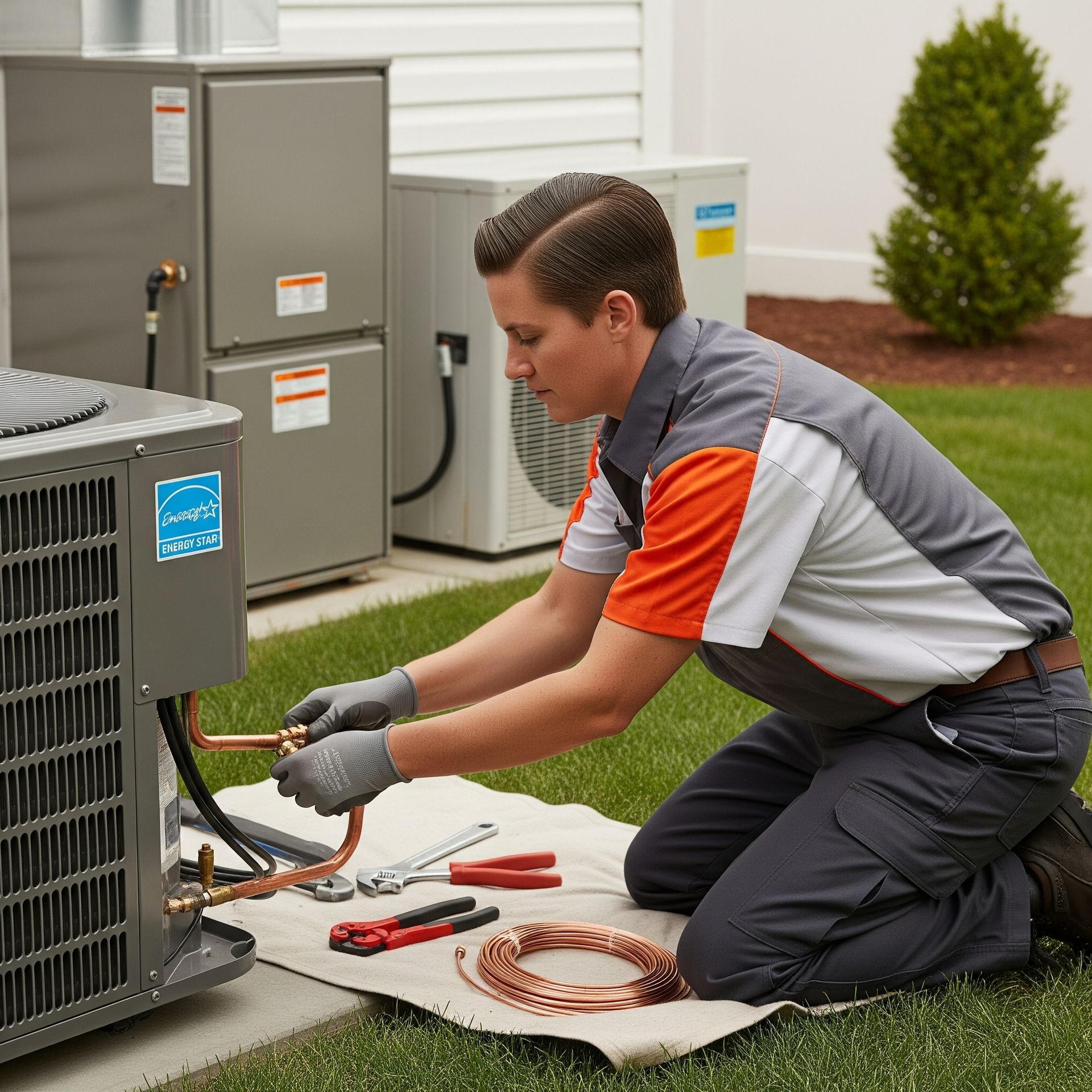 Technician in grey and orange uniform kneels on mat, working on outdoor AC unit, using tools and connecting copper tubes.