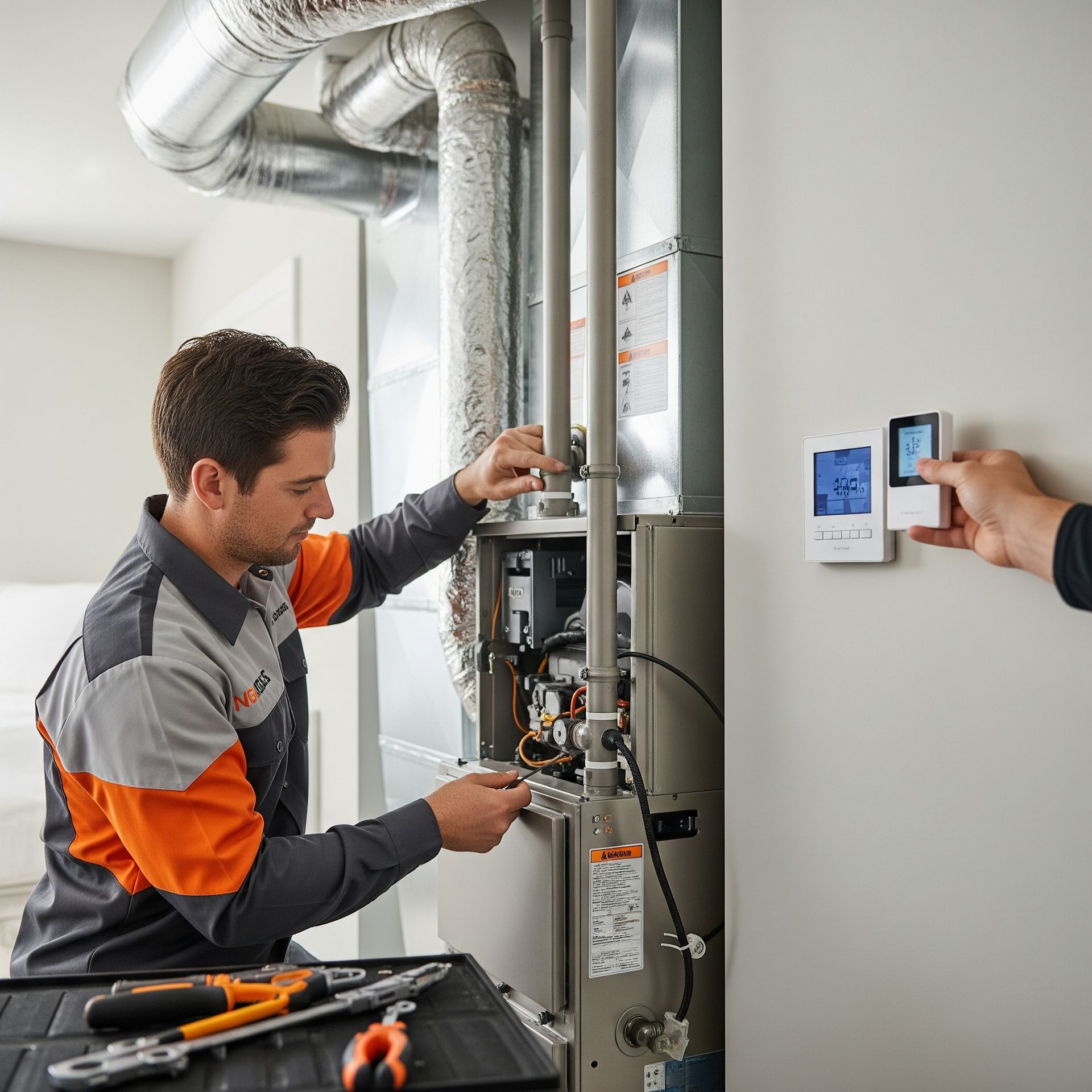 HVAC technician repairing a furnace, with another person adjusting the thermostat.
