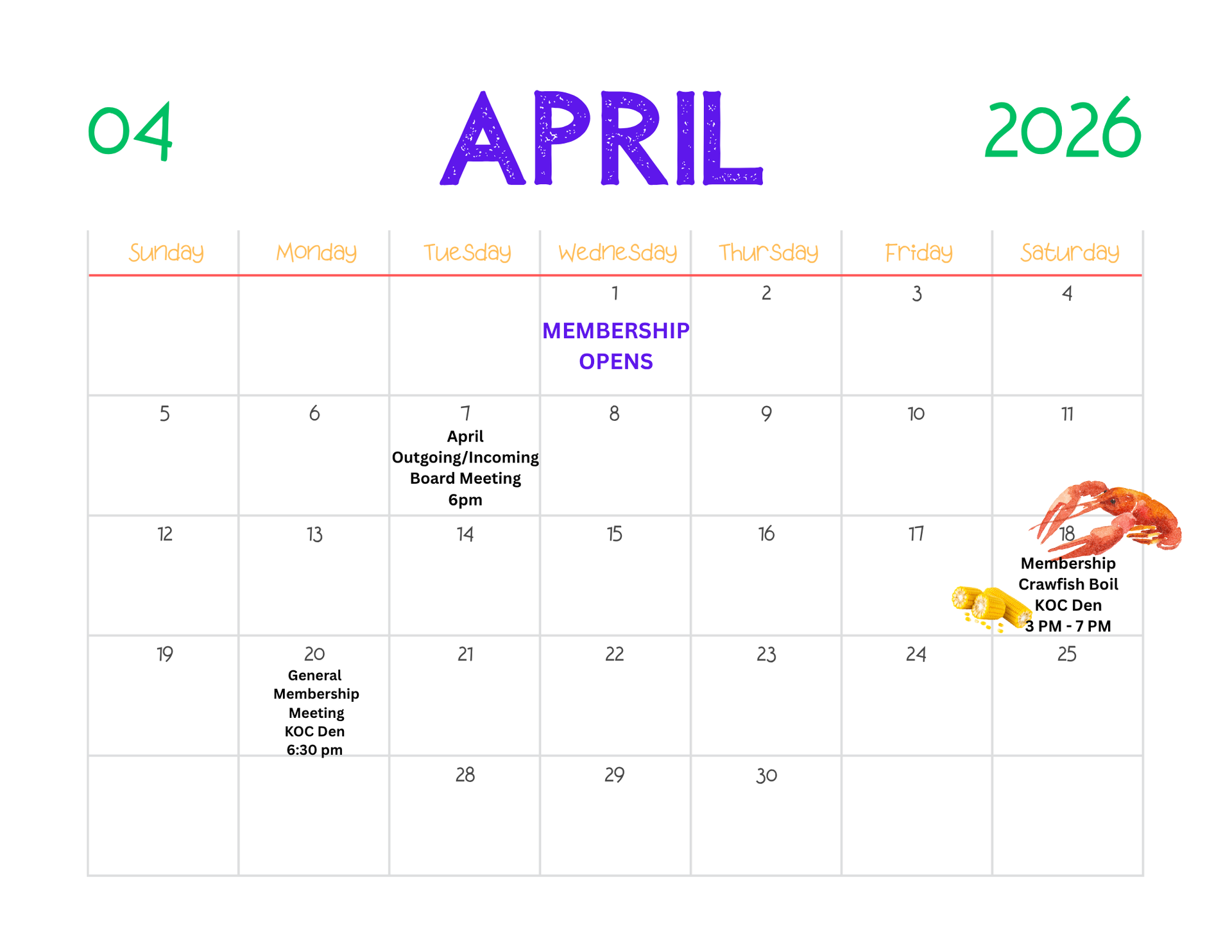 April 2026 Krewe of Centaur Calendar