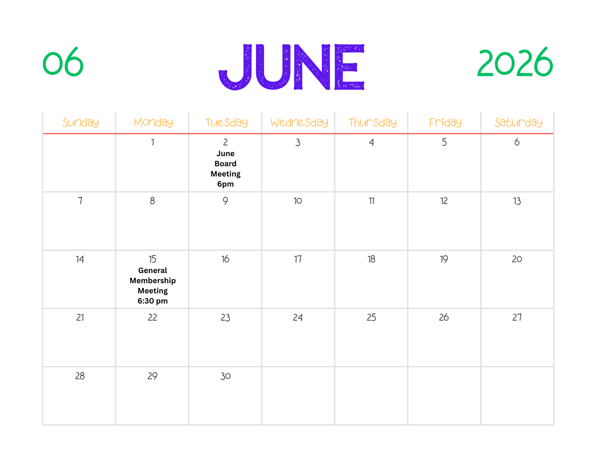 June 2026 Krewe of Centaur Calendar