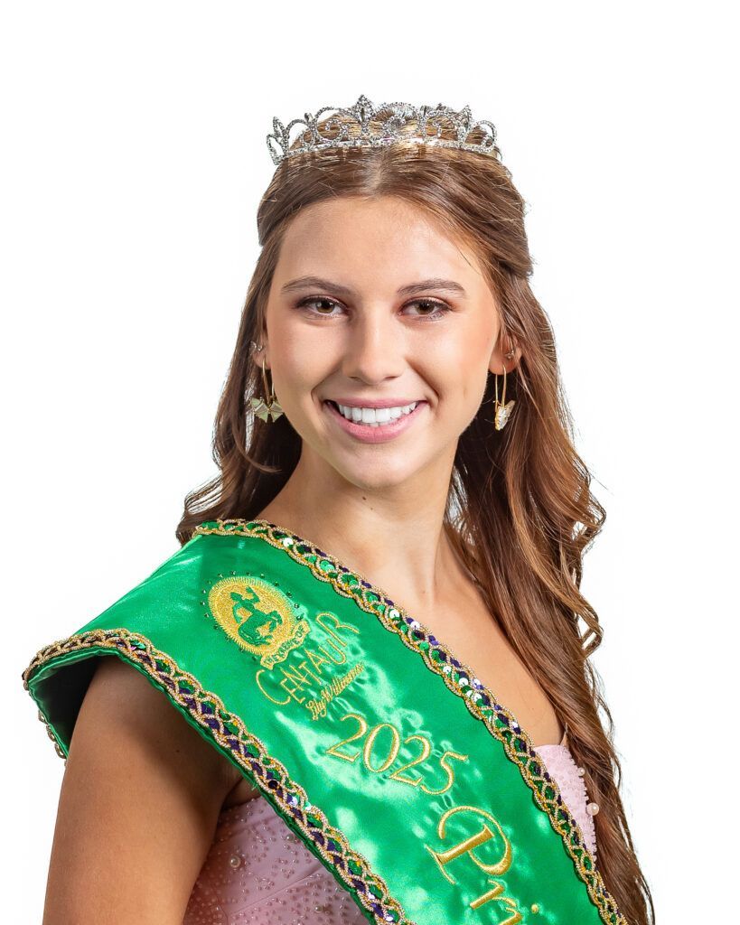A woman wearing a green sash and a tiara
