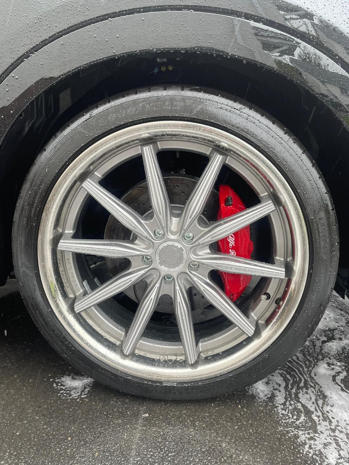 A closeup of a car wheel