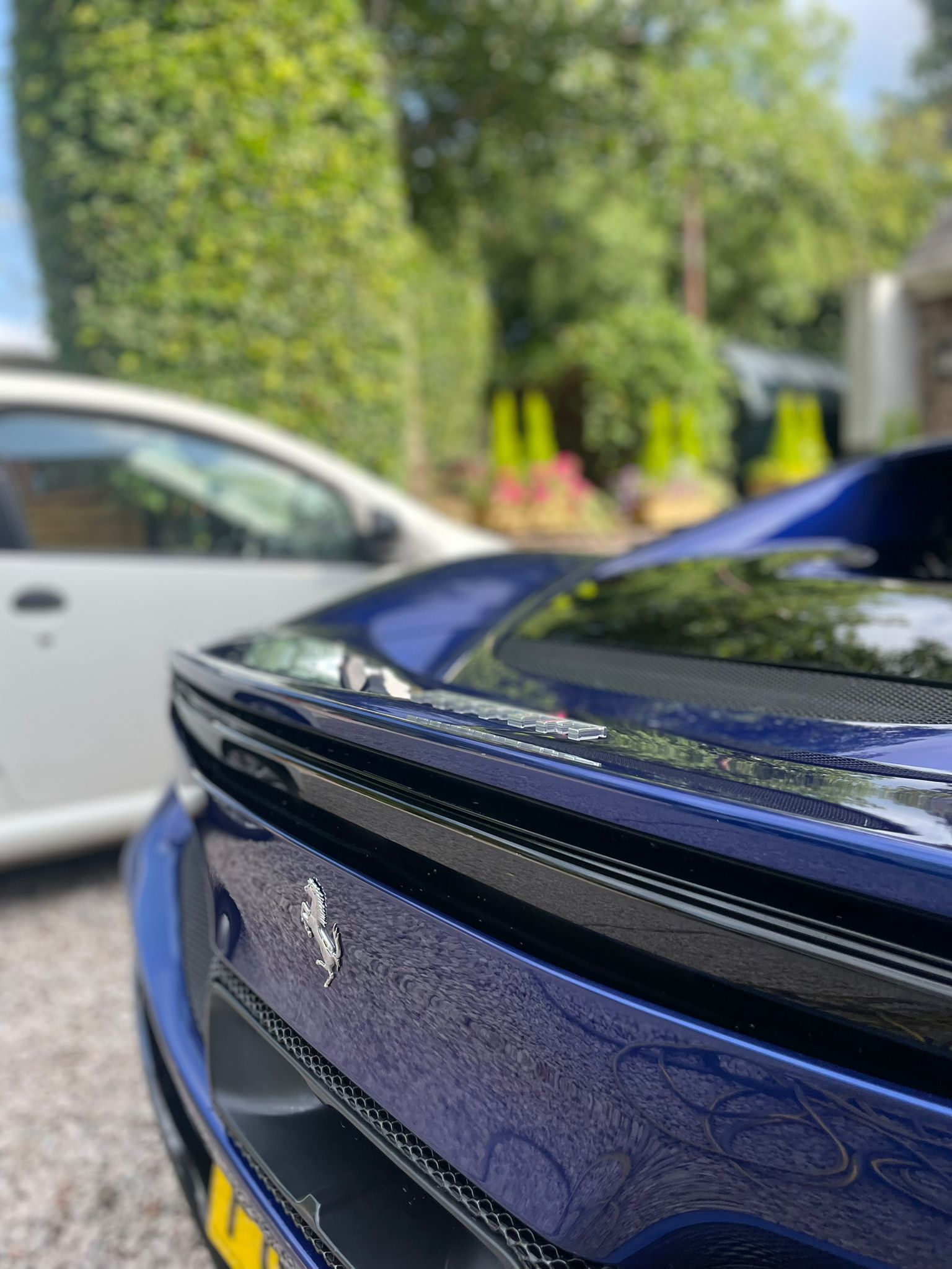 Blue sports car rear with carbon fiber spoiler, Ferrari emblem, blurred background of greenery and white car.
