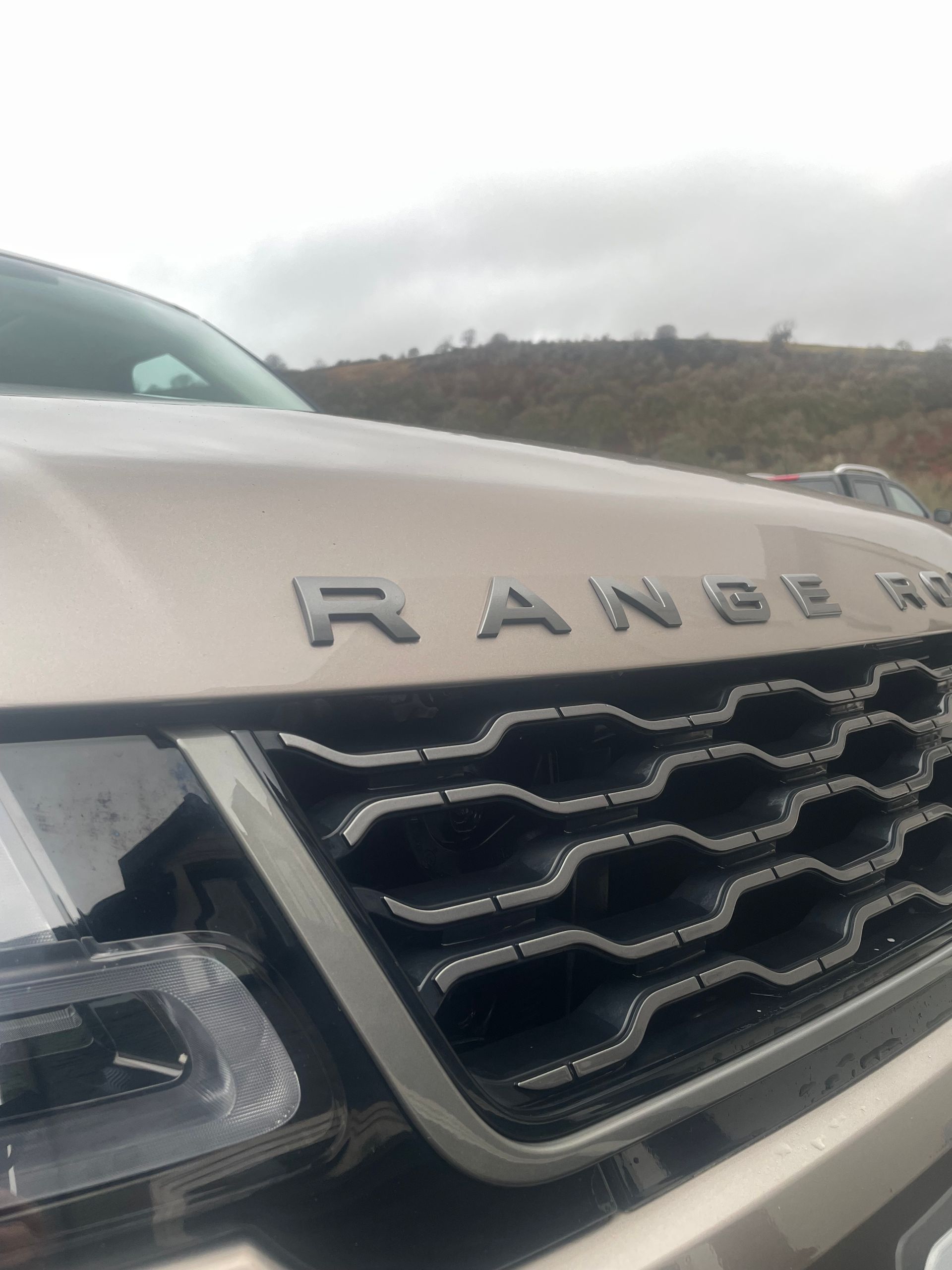 A close-up, angled view of a gold Range Rover SUV front grille, hood, and headlight against a cloudy, outdoor background.