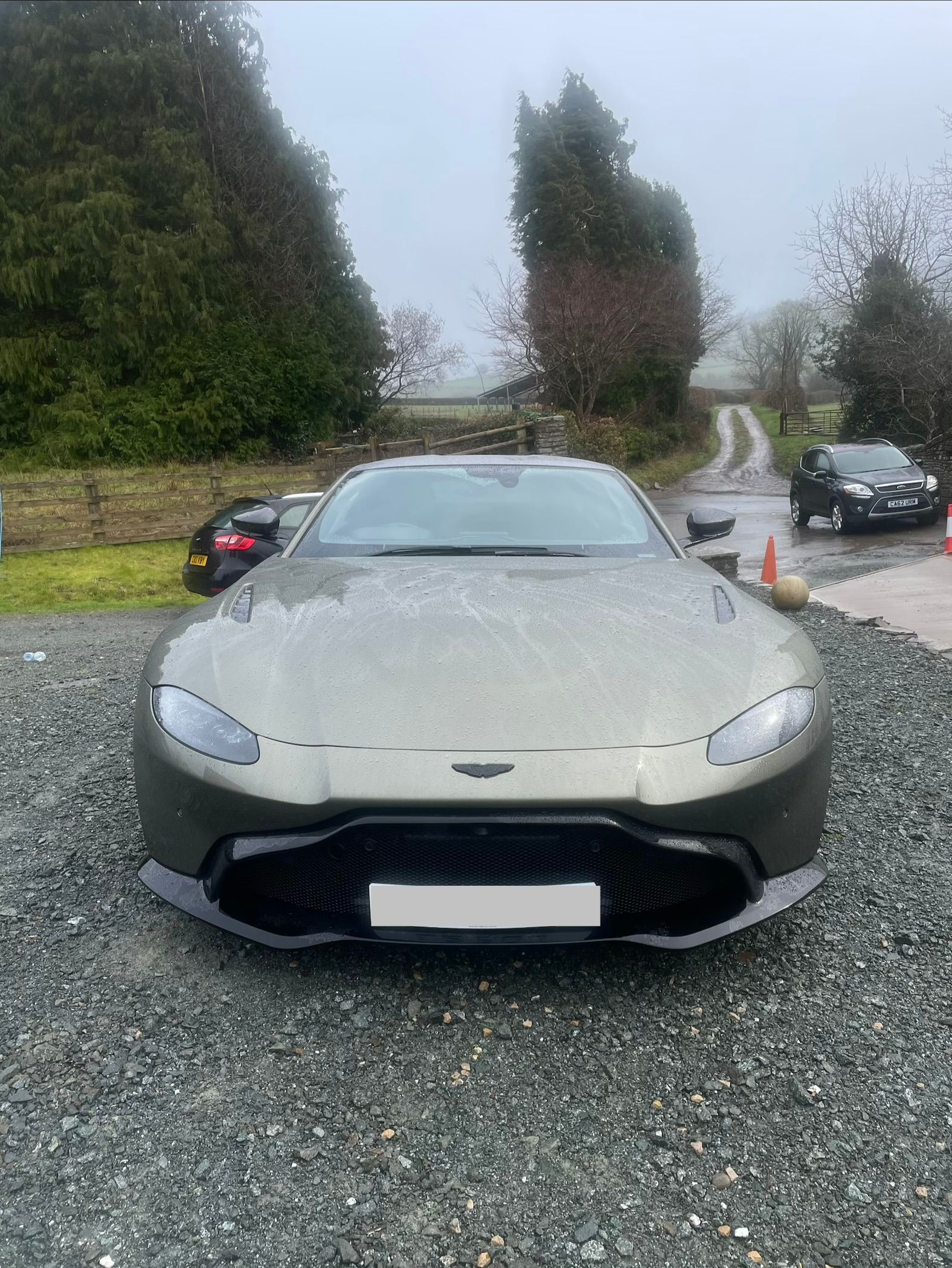 A gray Aston Martin Vantage parked on a gravel driveway in a rural setting with trees and a misty sky in the background.