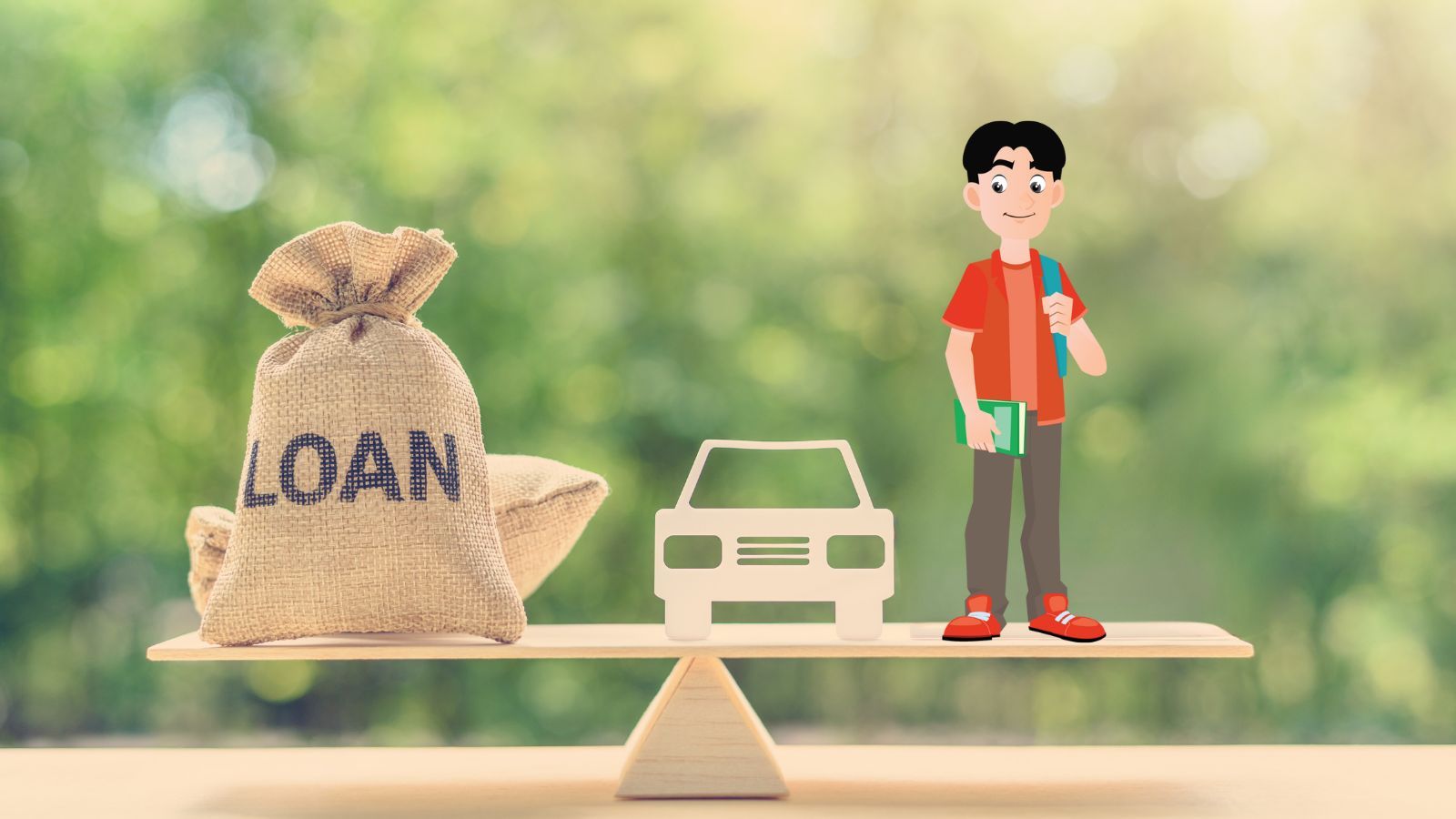 teen standing next to a car and a bag that says 'loan'.