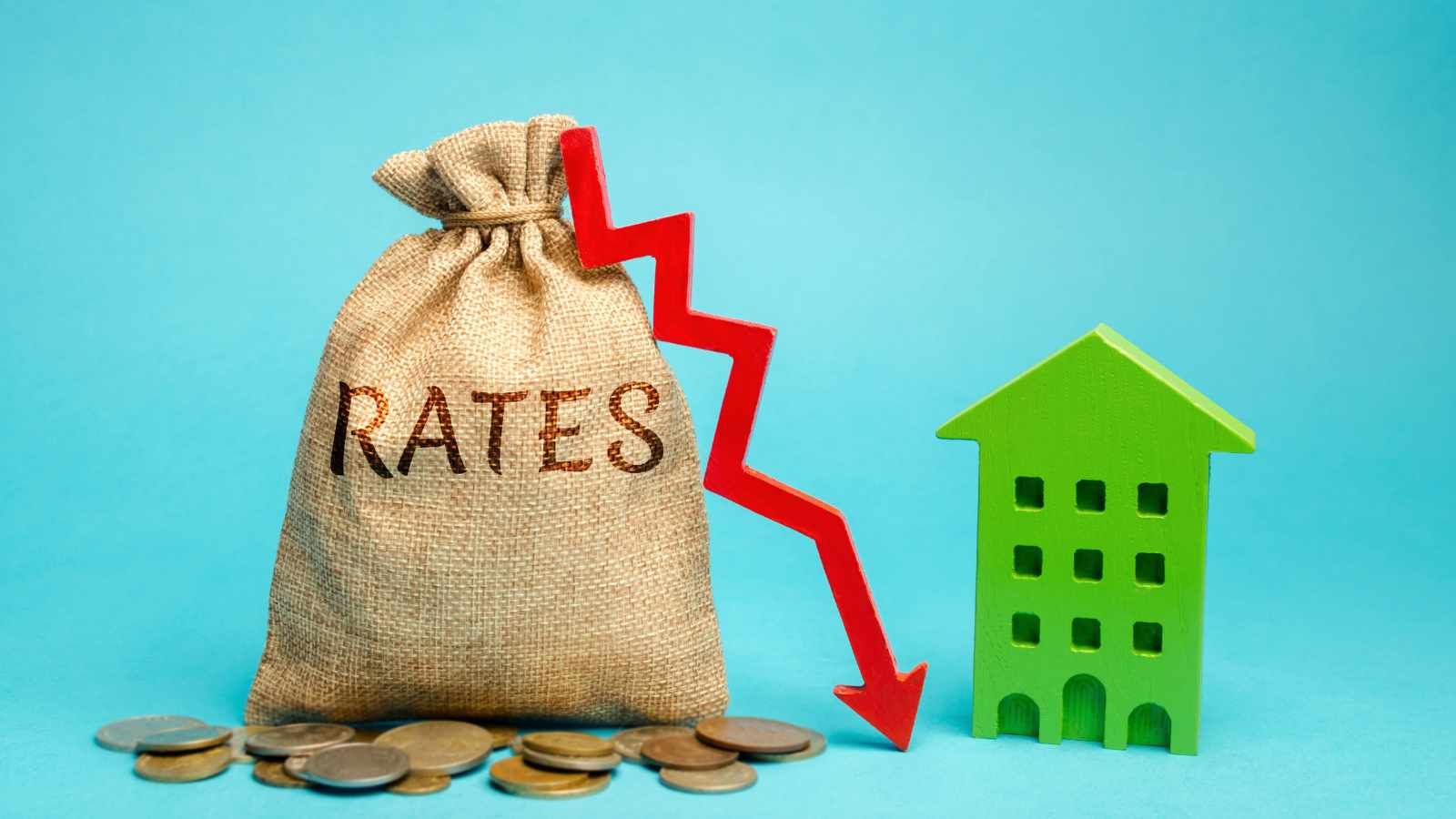 Graphic of a house next to a bag of money that says 'rates'.