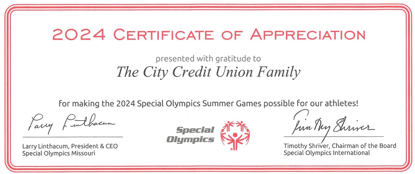 A certificate of appreciation to the City Credit Union family in Independence MO.