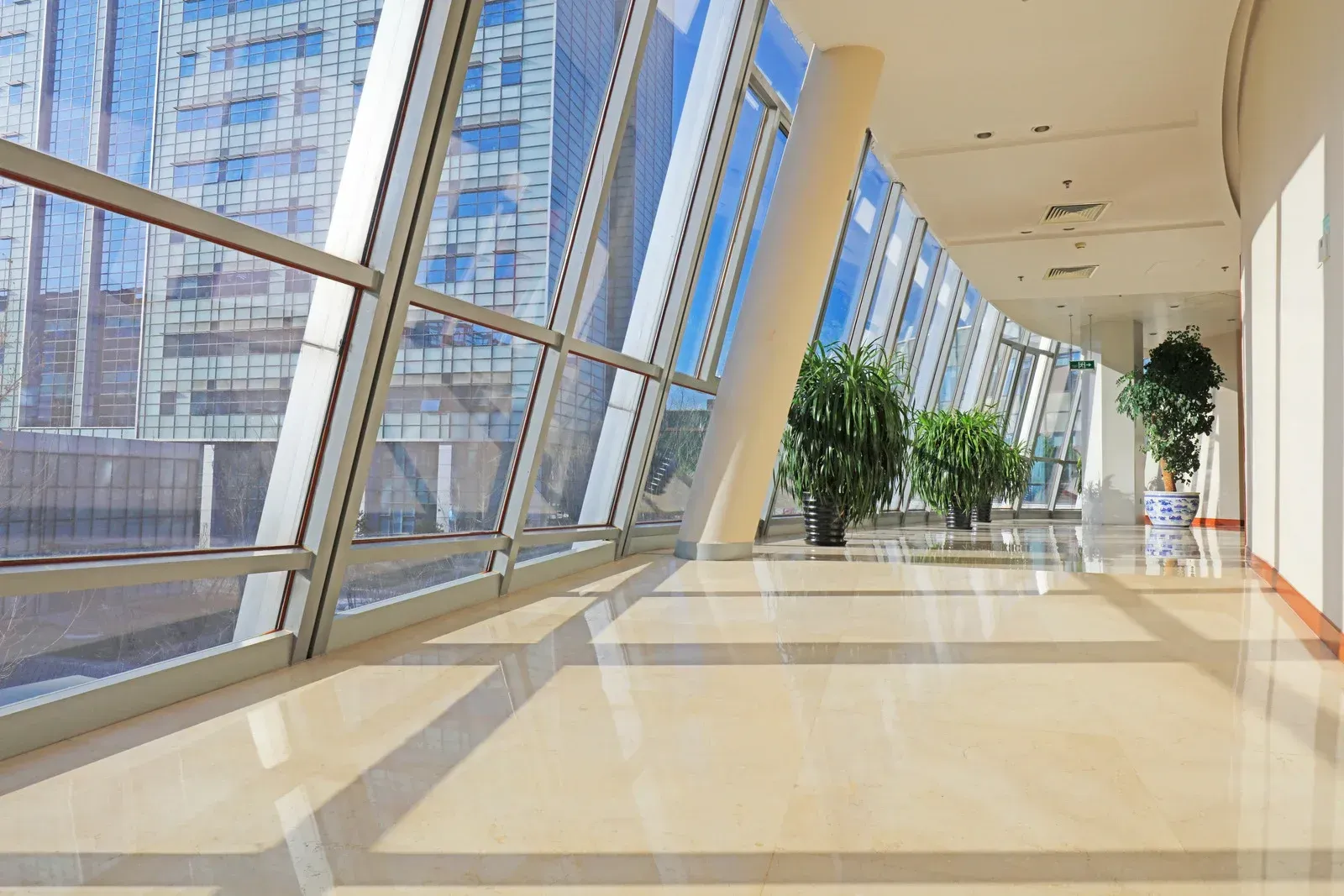 An empty hallway with a lot of windows and plants.