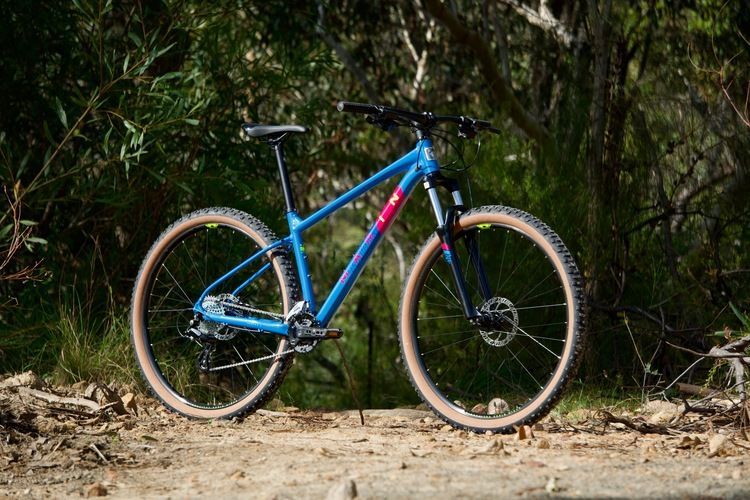A blue mountain bike is parked on a dirt road in the woods.