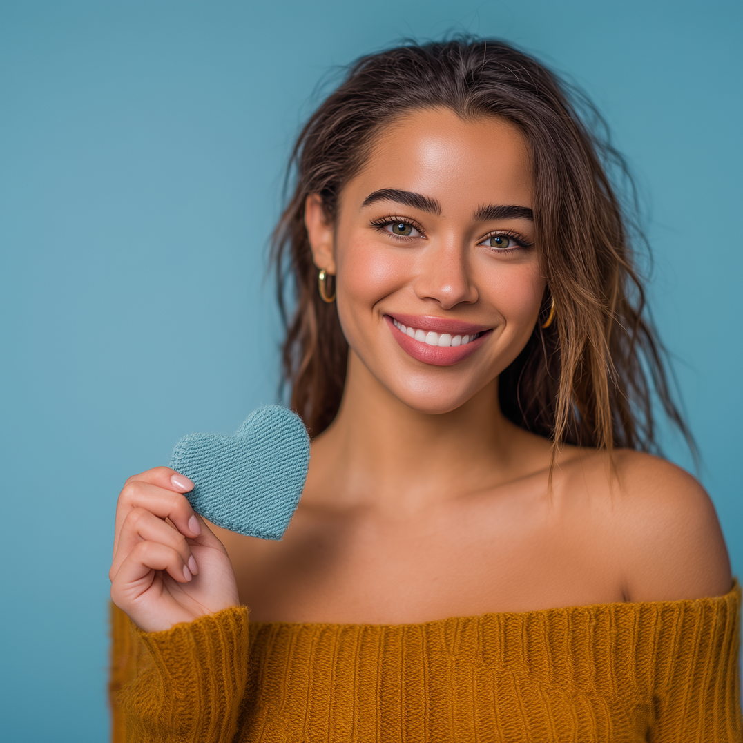 Woman with fair skin smiles, holding a blue heart on a blue background. She wears an off-the-shoulder mustard-colored sweater.