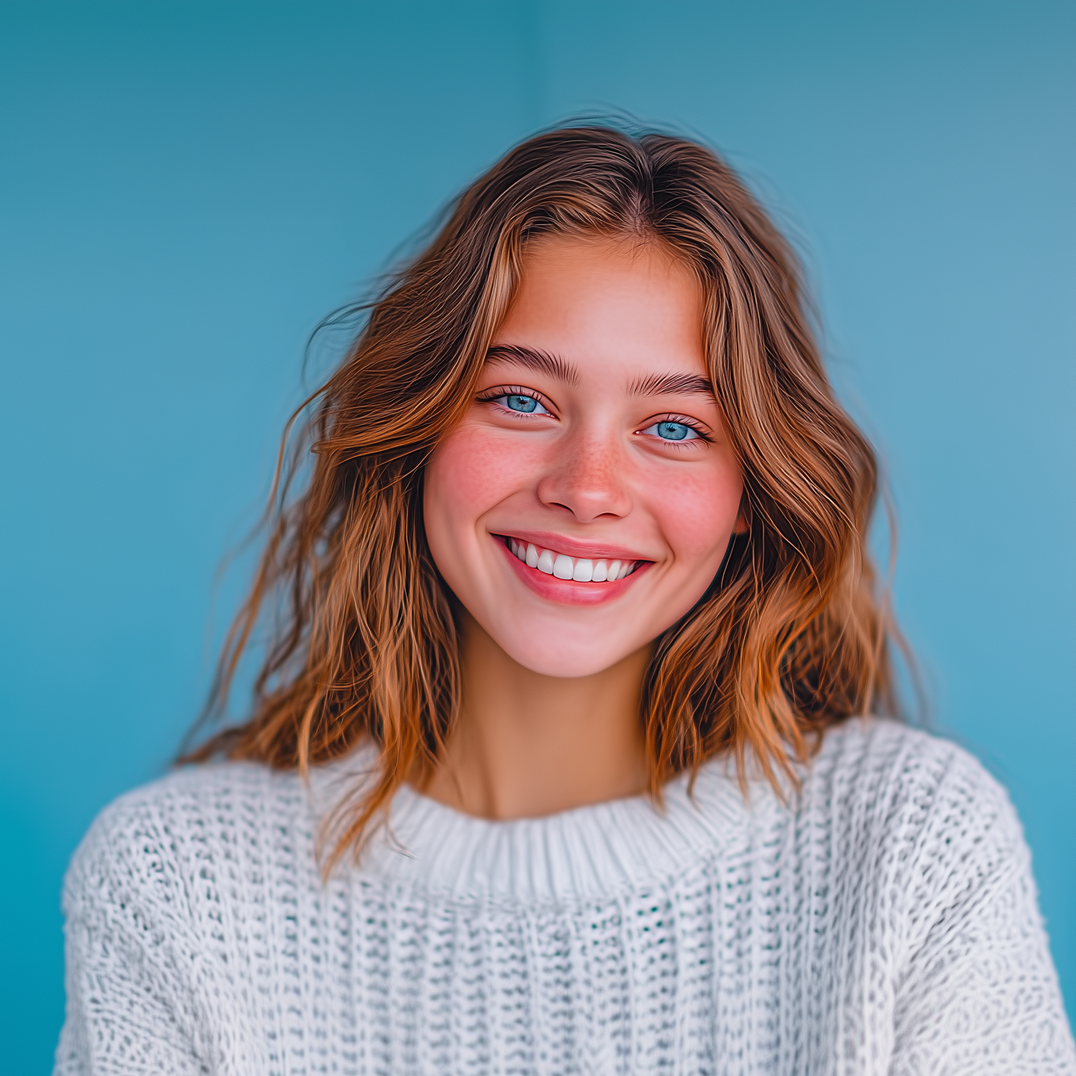 Woman with wavy brown hair, blue eyes, and a bright smile, wearing a white sweater against a blue background.