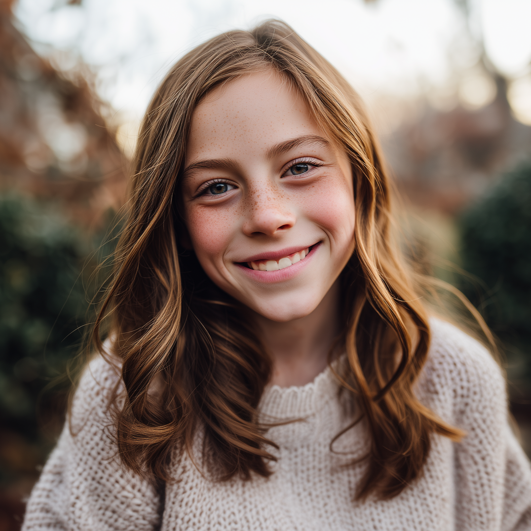 A person with long, wavy brown hair and light freckles smiling warmly while wearing a textured cream sweater outdoors.