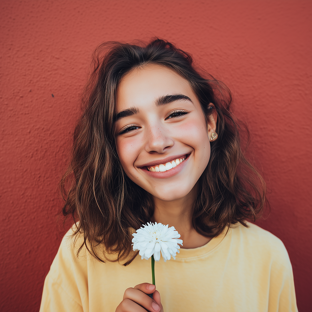 Young person with a wide smile holds a white flower against a red wall.