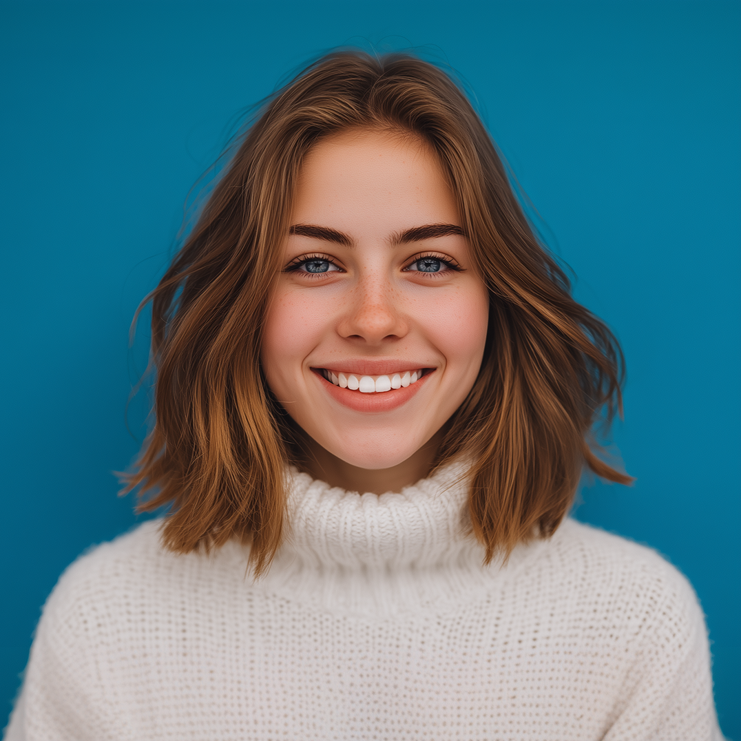 Woman with short brown hair smiles, wearing a white turtleneck sweater, against a blue background.