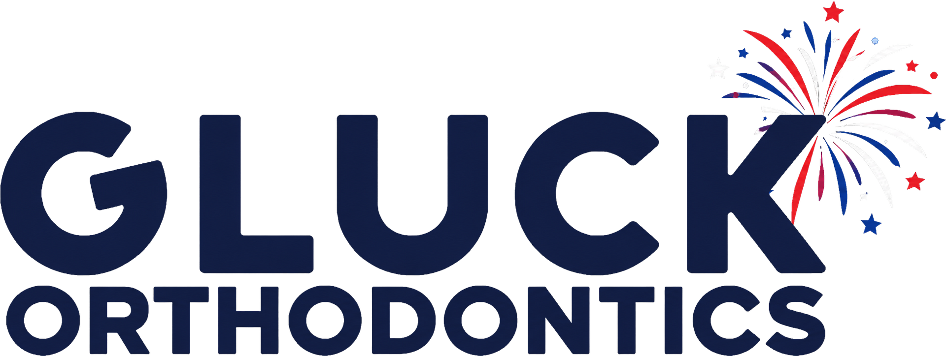Gluck Orthodontics logo in navy blue with red and blue fireworks burst