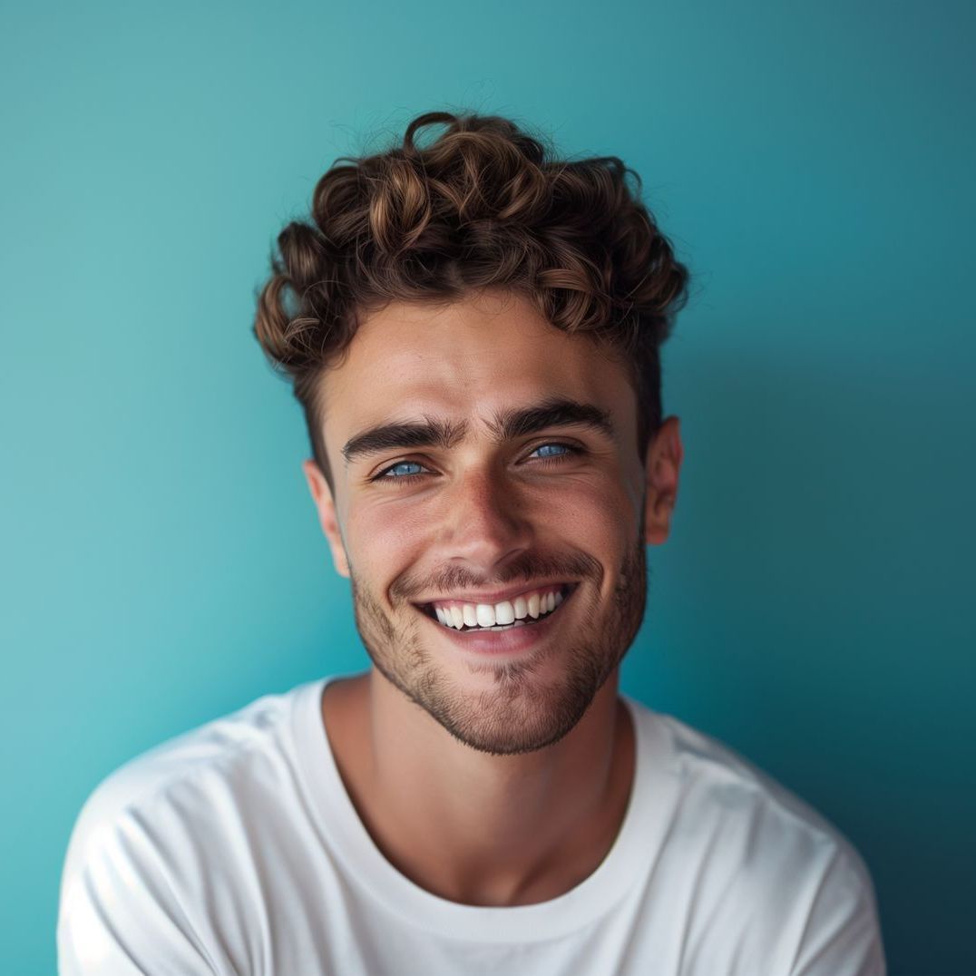 A young man with curly hair is smiling in front of a blue wall.