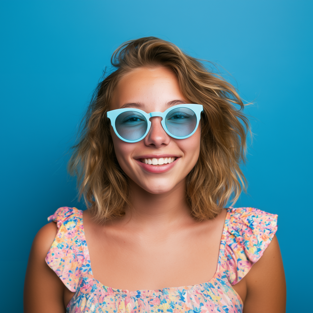 Smiling person wearing blue sunglasses and floral top against a bright blue background