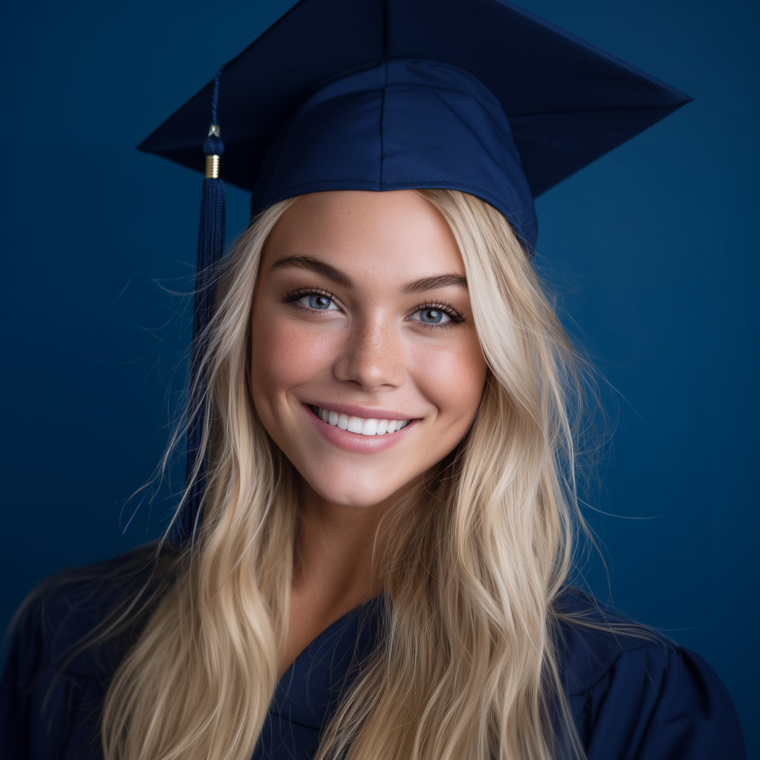 Smiling graduate in blue cap and gown against a dark blue background