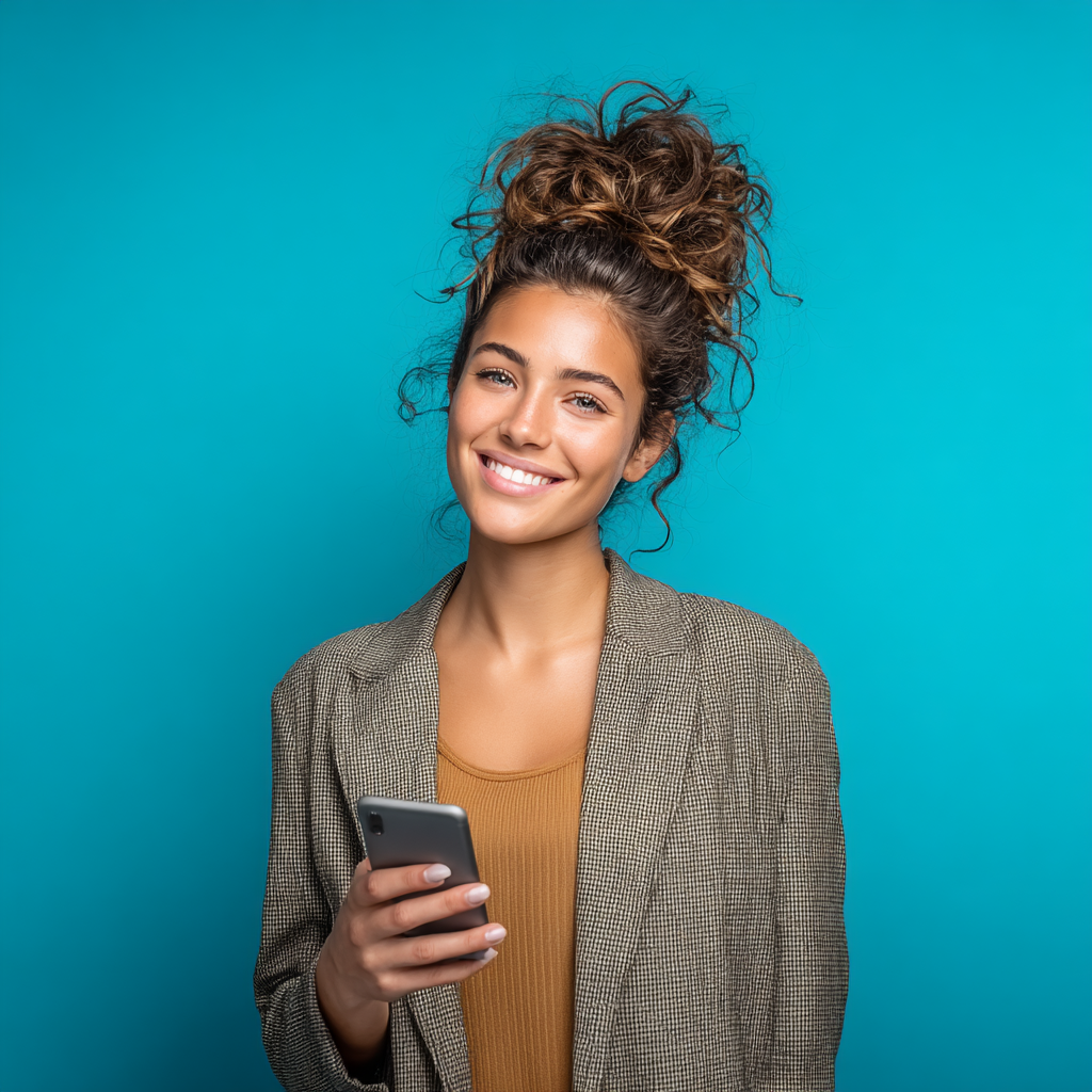 Woman with curly hair bun, smiling, holding smartphone, wearing blazer, against blue background.