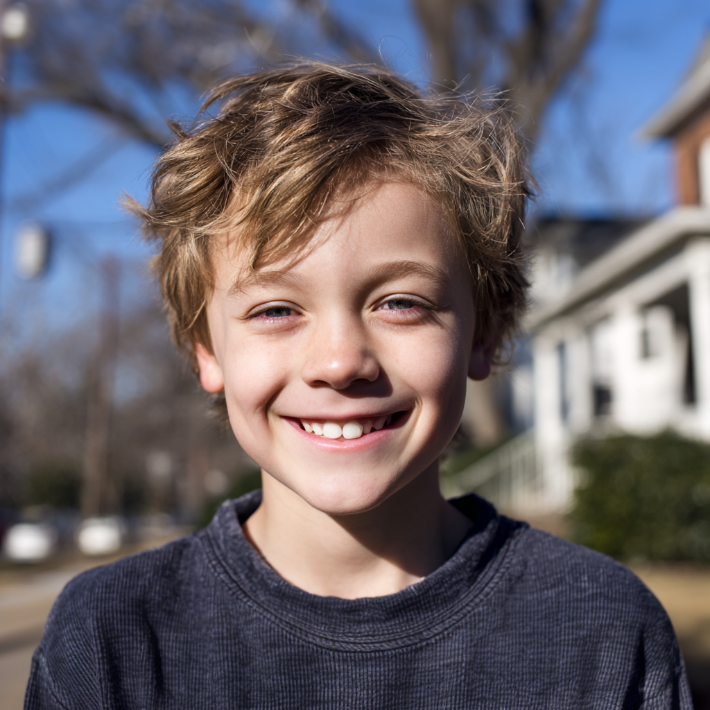 A smiling person with messy blonde hair wearing a grey sweater outdoors on a sunny day with a house in the background.