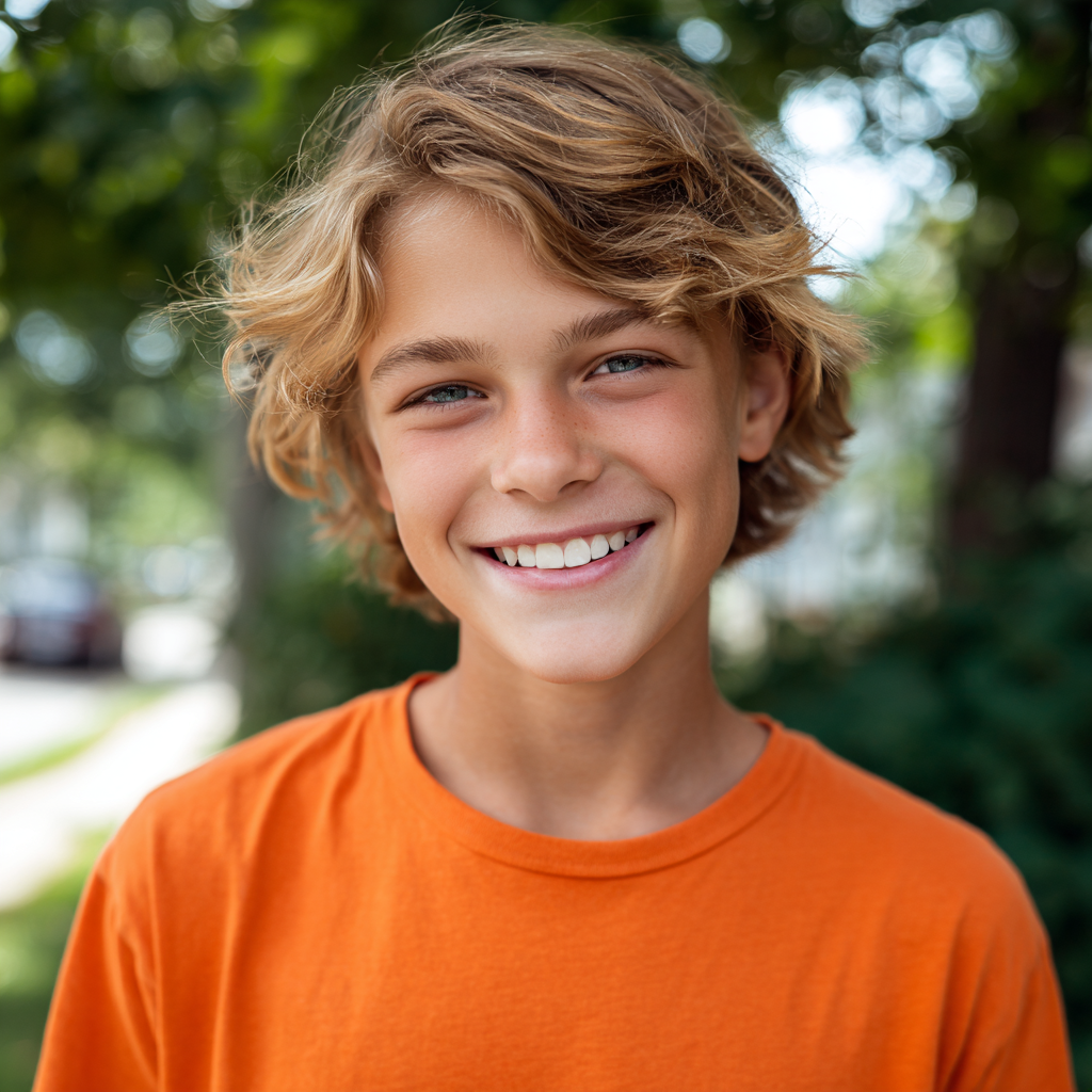 Boy with wavy blonde hair smiles, wearing an orange shirt outdoors.
